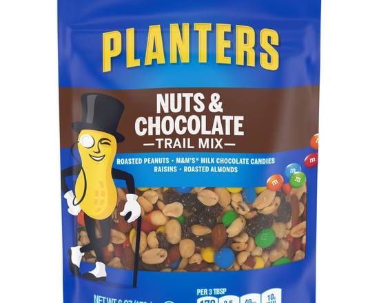 Order Planters Nuts & Chocolate Trail Mix with Roasted Peanuts, M&M Chocolate Candies, Raisins & Roasted Almonds, 6 oz Bag food online from Trumbull Super Stop store, Trumbull on bringmethat.com