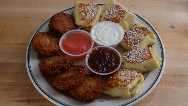 Order Latke & Blintz Sampler food online from Brent Deli store, Westlake Village on bringmethat.com