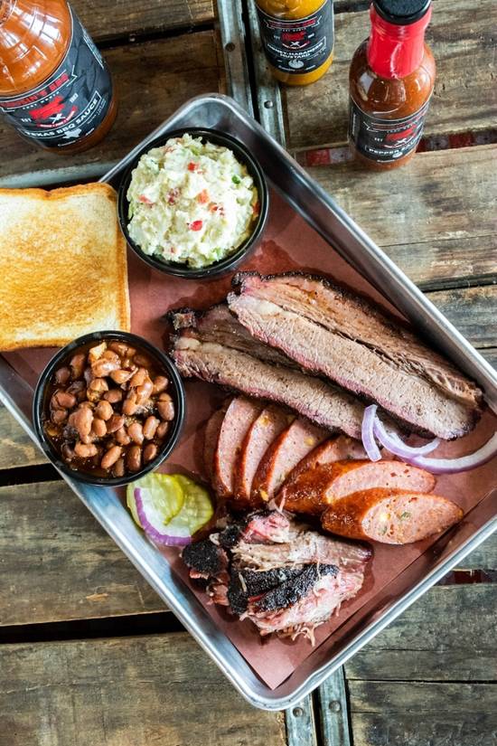 Order 3 Meat Plate food online from Cousins Bar-B-Q store, Fort Worth on bringmethat.com