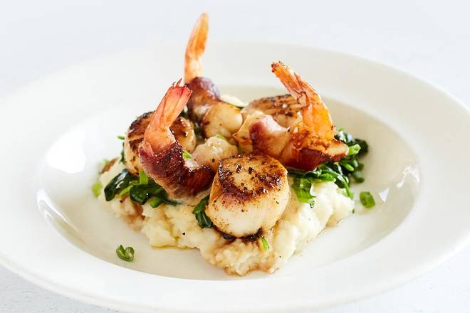 Order Seared Georges Bank Scallops & Applewood Bacon Wrapped Shrimp food online from Fish City Grill store, Flower Mound on bringmethat.com