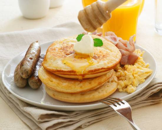 Order Beef Sausage Buttermilk Pancakes (3 pcs) food online from The Pancake Snob store, New York on bringmethat.com