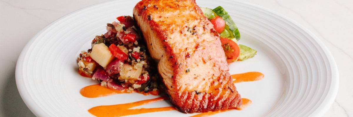 Order GF Maple Glazed Salmon food online from Pinstripes store, North Bethesda on bringmethat.com