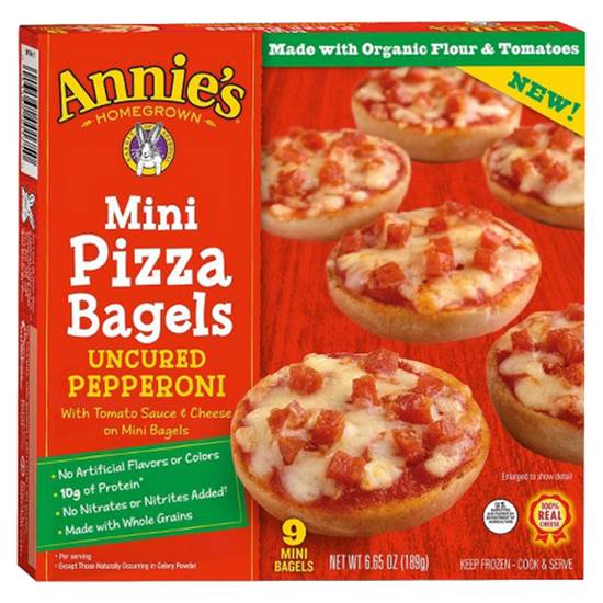 Order Annie's Homegrown Frozen Pepperoni Mini Pizza Bagels 9ct 6.65oz food online from Everyday Needs by Gopuff store, Tampa on bringmethat.com