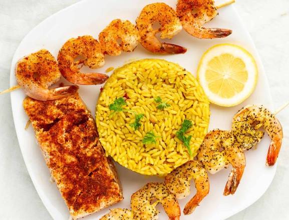 Order 1 PC Grilled Salmon & Skewer of Shrimp food online from Sharks Seafood & More store, Bowie on bringmethat.com