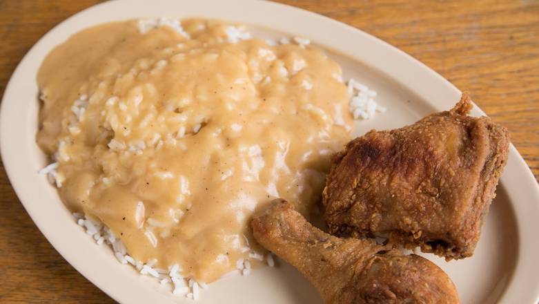Order 19. Thigh, Leg, Rice, with Gravy & Biscuit food online from Roscoe House Of Chicken & Waffles store, Long Beach on bringmethat.com