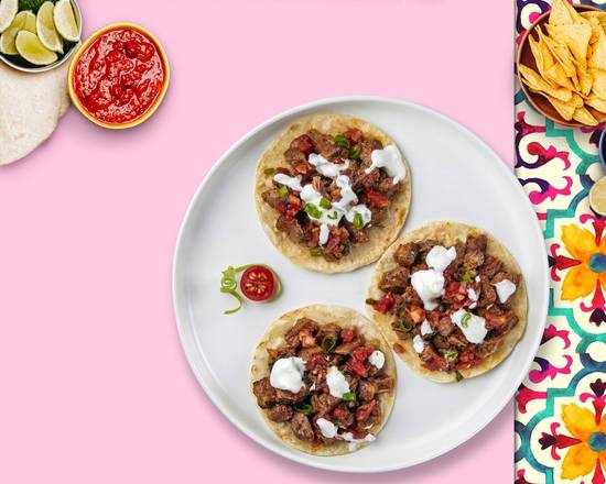 Order Carne Asada Tacos (3 pcs) (Steak) food online from Fuego Mexican Grill store, Lakewood on bringmethat.com