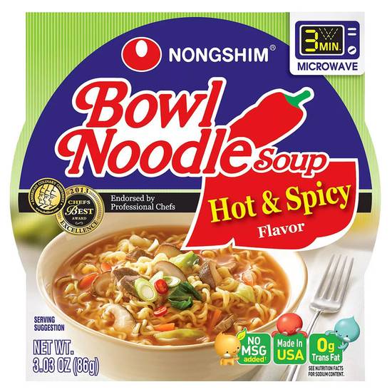 Order Nongshim Hot & Spicy Bowl Noodle Soup 3.03oz food online from Everyday Needs by Gopuff store, Tampa on bringmethat.com
