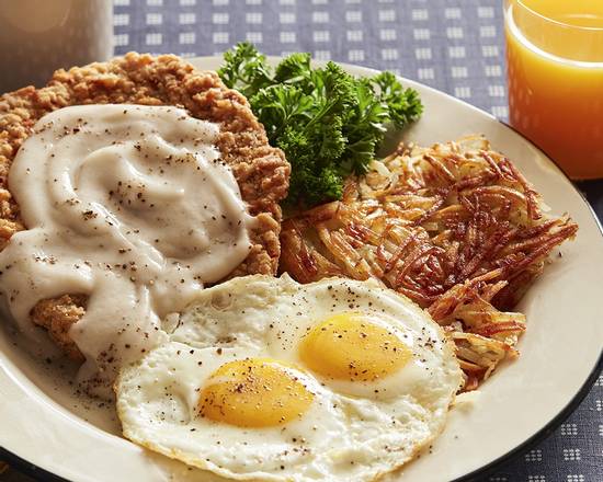 Order Chicken Fried Steak With Two Ranch Eggs* food online from Hof Hut store, Torrance on bringmethat.com