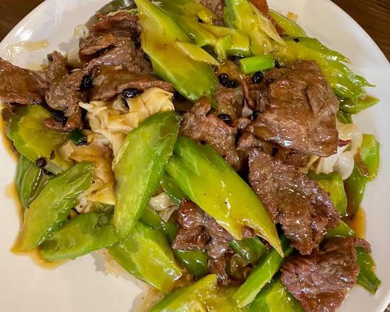 Order Beef & Bitter Melon Chow Fun with Gravy (涼瓜牛肉炒河) food online from A Plus Restaurant store, Seattle on bringmethat.com