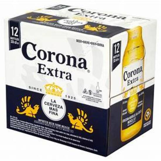 Order Corona Extra Mexican Lager Beer, 12 pk 12 fl oz Bottles, 4.6% ABV food online from Rocky Liquor store, Claremont on bringmethat.com