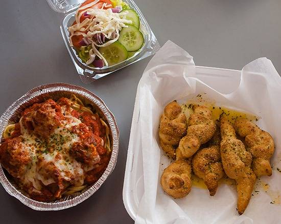 Order Spaghetti and Meatballs with House or Caesar salad food online from Pizzeria Mozz store, Greenville on bringmethat.com