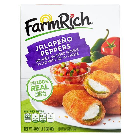 Order Farm Rich Frozen Breaded Jalapeno Peppers Stuffed with Real Cream Cheese 18oz food online from Everyday Needs by Gopuff store, Los Angeles on bringmethat.com