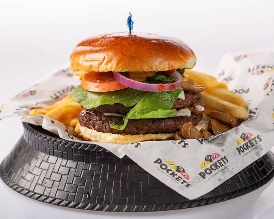 Order Double Mushroom Burger food online from Pocket's Billiards Wings And Beer store, El Paso on bringmethat.com