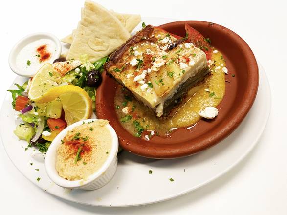Order Moussaka (Oven Baked) food online from Santorini Gyros Greek Restaurant store, Cathedral City on bringmethat.com