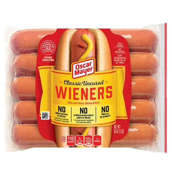 Order Oscar Mayer Classic Uncured Wieners 10ct 16oz food online from Everyday Needs By Gopuff store, Fairfield on bringmethat.com