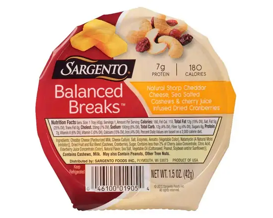 Order Sargento Sharp Cheddar Cheese, Salted Cashews and Cherry 1.5 Oz food online from Fresko Market store, Miami on bringmethat.com
