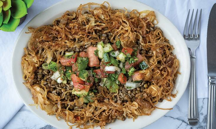 Order Mujadara Plate food online from Aladdin's Eatery store, Pittsburgh on bringmethat.com