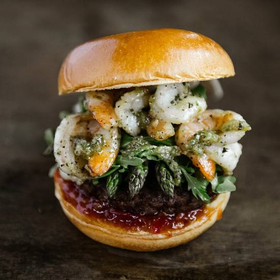 Order SURF & TURF BURGER WITH SHRIMP food online from Sullivan store, Omaha on bringmethat.com