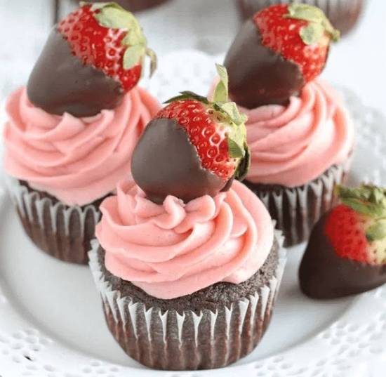 Order Chocolate Cupcakes Topped with Mini Chocolate Covered Strawberries - 1 Dozen in a Box food online from Lb Cake Stop store, Baldwin Park on bringmethat.com