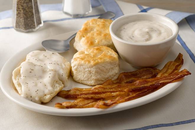 Order Biscuits n' Gravy with Bacon or Sausage food online from Cracker Barrel Old Country Store store, Somerset on bringmethat.com