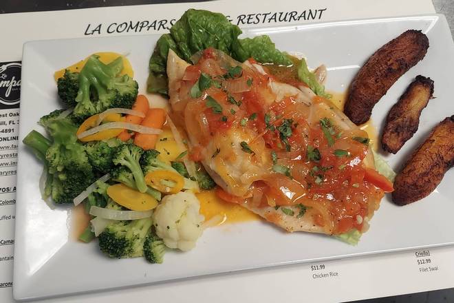 Order Filet Tilapia Grille, Al Ajillo, Criolla (Filete de Tilapia (Plancha, Al AJillo o Criolla)) food online from La Comparsa Bar & Restaurant store, Lauderhill on bringmethat.com