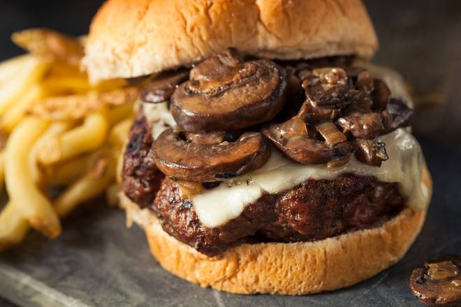 Order Mushroom Swiss Burger (W/ French Fries)  food online from The Local MRKT store, Queens on bringmethat.com