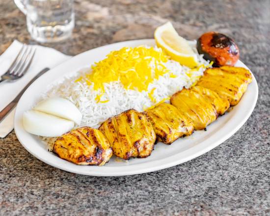 Order Chicken Thigh Kabob with rice food online from Middle East Market store, Berkeley on bringmethat.com