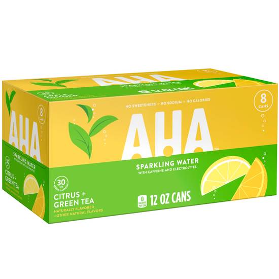 Order AHA Sparkling Citrus + Green Tea Flavored Water with Caffeine & Electrolytes, 12 OZ Cans, 8 PK food online from Cvs store, LINCOLN on bringmethat.com