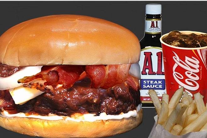 Order A1 Steak cheeseburger combo food online from Breakfast, Burgers & Tax-Mex Express store, Cedar Park on bringmethat.com