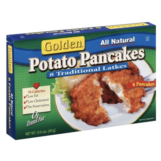 Order Golden Frozen Potato Pancakes Traditional Latkes 8ct 10.6oz food online from Drinks At Your Door by Gopuff store, Newton Highlands on bringmethat.com