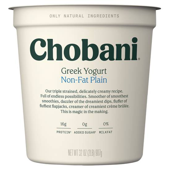 Order Chobani Plain Non-fat Greek Yogurt 32oz food online from Everyday Needs By Gopuff store, Fairfield on bringmethat.com