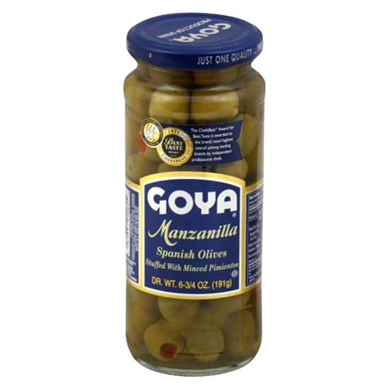 Order Goya Manzanilla Spanish Olives 6.75oz food online from Everyday Needs by Gopuff store, Tampa on bringmethat.com