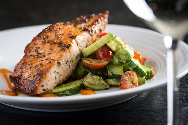 Order Maple Glazed Salmon - available 3pm-9pm food online from Pinstripes store, North Bethesda on bringmethat.com