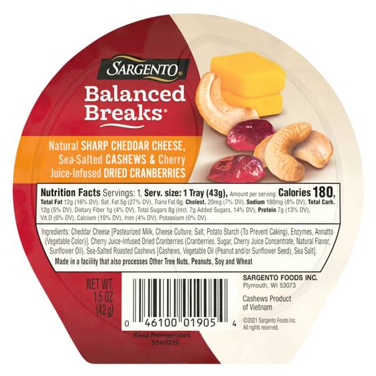 Order Sargento Balanced Breaks Sharp Cheddar with Cashews & Cranberry 1.5oz food online from Everyday Needs by Gopuff store, Tampa on bringmethat.com