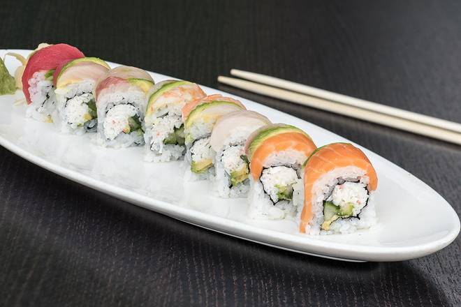Order RAINBOW ROLL* food online from Ikura Sushi Lounge store, Coral Gables on bringmethat.com