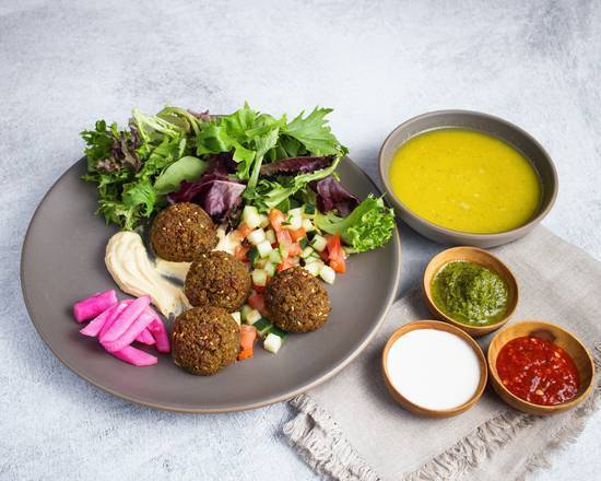 Order Falafel Plate (VG, GF) by SAJJ Mediterranean Express food online from Barzotto store, Palo Alto on bringmethat.com