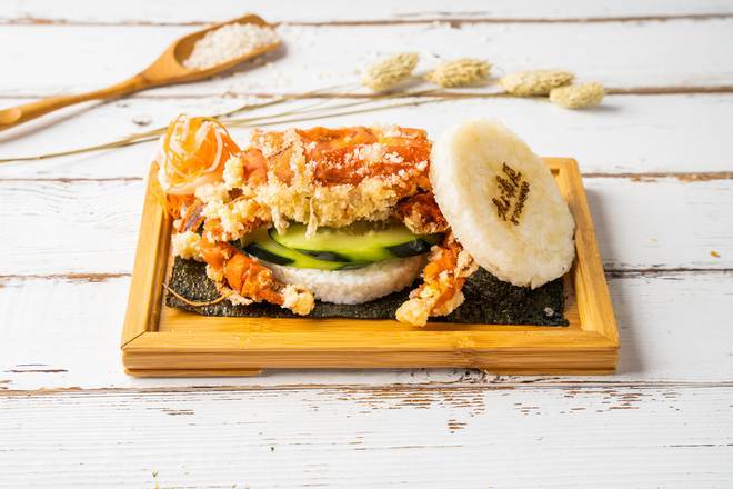 Order K6. Soft Shell Crab Rice Burger 超大软壳蟹米汉堡 food online from Burger Now store, Cherry Hill on bringmethat.com