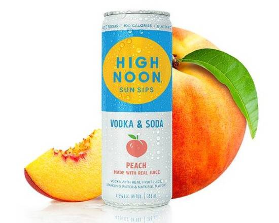 Order High Noon Hard Seltzer, Peach (Vodka & Soda) 355ml-4Pk (4.5% ABV) food online from Golden Ox Liquors store, Saint Augustine on bringmethat.com