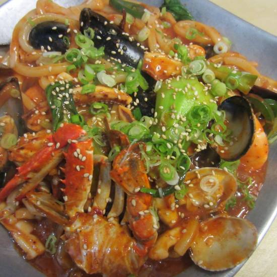Order Stir Fried Spicy Mixed Seafood with U-don Noodle food online from Kitchen Sooda store, Los Angeles on bringmethat.com