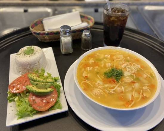 Order Chicken Noodle Soup - Sopa de Pollo con Pastas con 3 acompañantes + 1 Coca Cola food online from Medellin Restaurant store, Coconut Creek on bringmethat.com