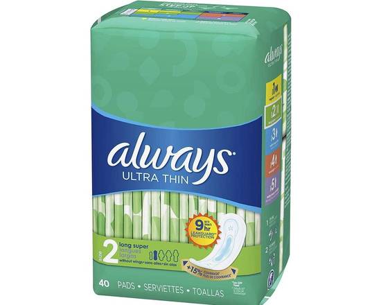 Order ALWAYS Ultra Thin Size 2 Super Pads Without Wings Unscented, 40 Count food online from Turbo Merce store, Alpharetta on bringmethat.com