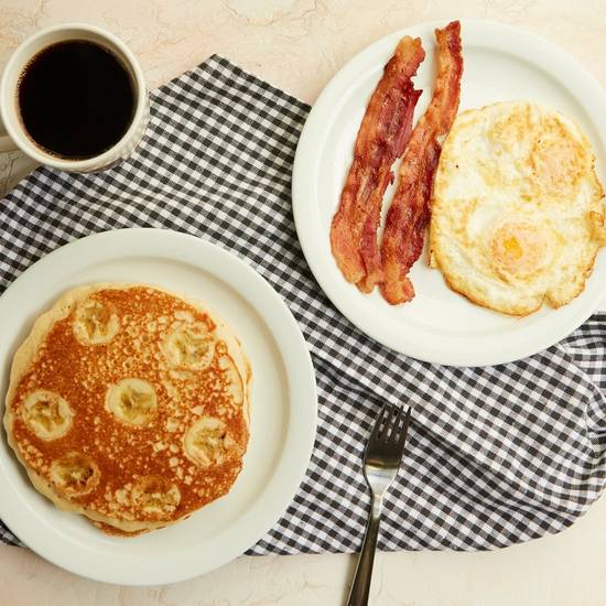 Order 2 Pancakes, 2 Eggs & 2 Pieces of Bacon or Sausage food online from Vivian Millennium Cafe store, Studio City on bringmethat.com