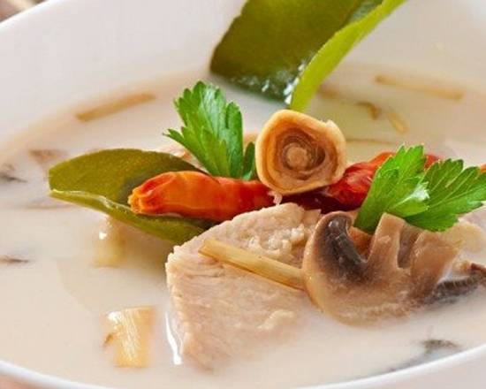Order TOM KHA-GF (Thai Coconut Soup) food online from Emporium Thai Cuisine store, Los Angeles on bringmethat.com