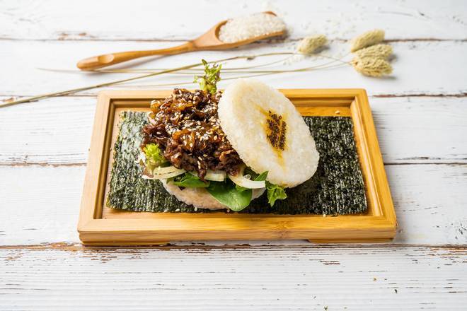 Order K3. Teriyaki Beef Rice Burger 照烧牛肉米汉堡 food online from Burger Now store, Cherry Hill on bringmethat.com