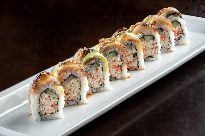 Order DRAGON ROLL food online from Ikura Sushi Lounge store, Coral Gables on bringmethat.com