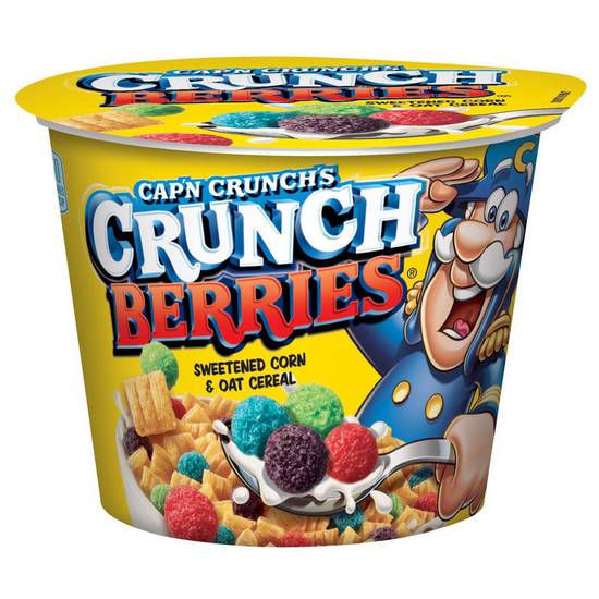 Order Cap'n Crunch Berries Sweetened Corn & Oat Cereal Cup 1.3oz food online from Everyday Needs by Gopuff store, Tampa on bringmethat.com