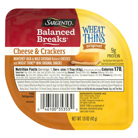 Order Sargento Balanced Breaks Sharp Monterey Jack & Mild Cheddar with Wheat Thins 1.5oz food online from Everyday Needs by Gopuff store, Tampa on bringmethat.com