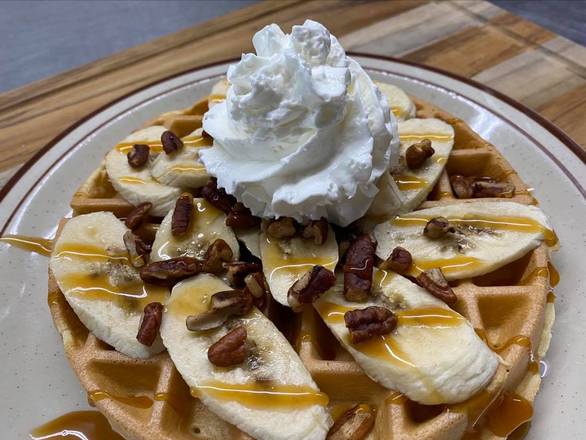 Order Banana Pecan Waffle with Caramel Drizzle  food online from Emily Family Restaurant store, Palm Harbor on bringmethat.com