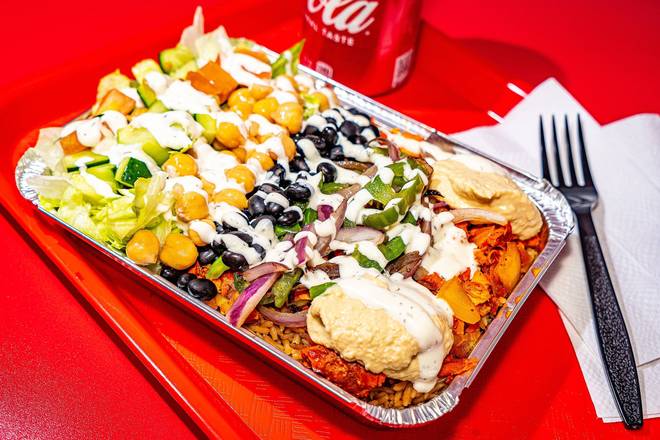 Order Combo Over Rice (Mix of Lamb and Chicken) Platter food online from Shah's Halal Food store, Sunnyside on bringmethat.com