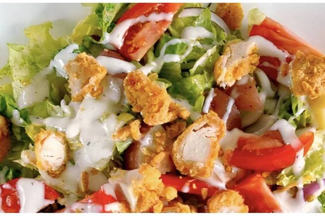 Order GREEK CRISPY CHICKEN SALAD food online from The Flaming Burger store, Huntington Beach on bringmethat.com